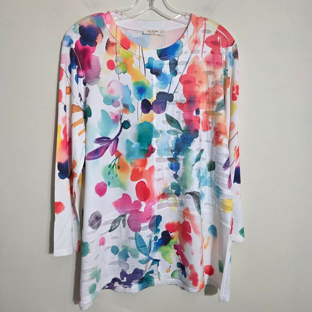 Jess & Jane watercolor colorful print half burnout abstract hemline blouse sz L